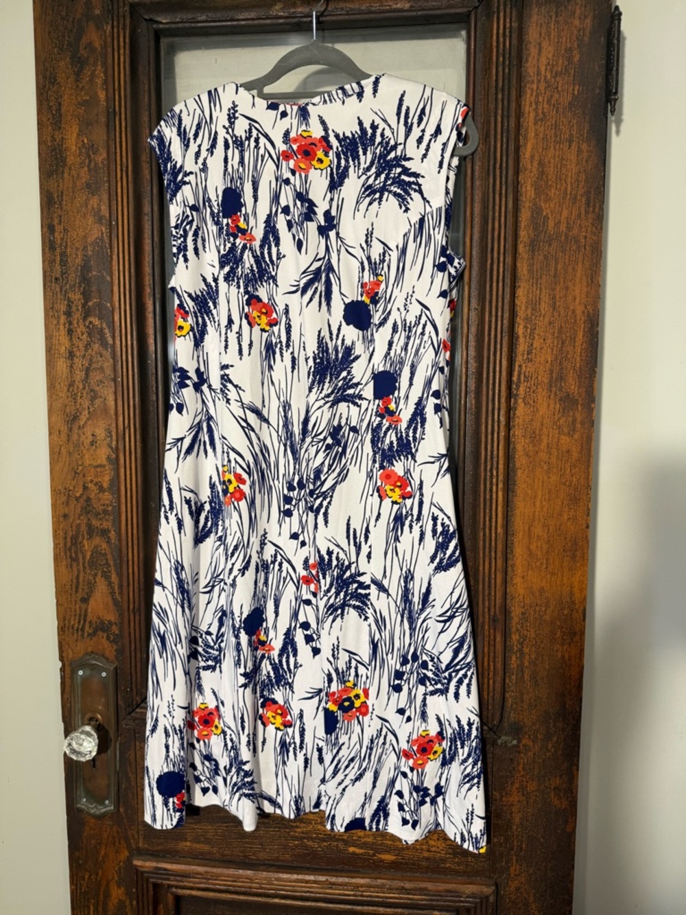 White Floral Sleeveless A-Line Dress with Navy & Red Accents